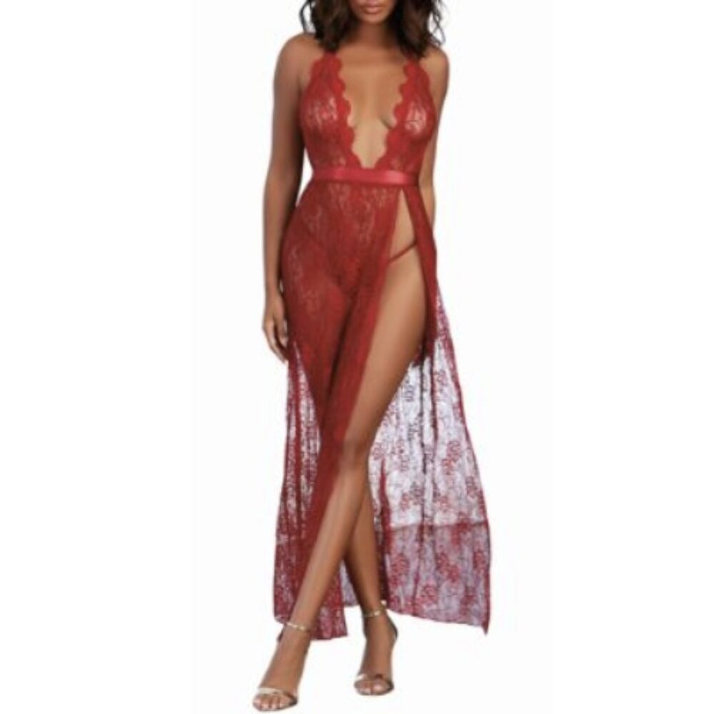 Dreamgirl Lace Halter Gown with Matching G-string, Garnet, NWT